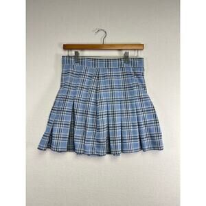 Free People Light Blue Plaid Pleated Mini Skirt